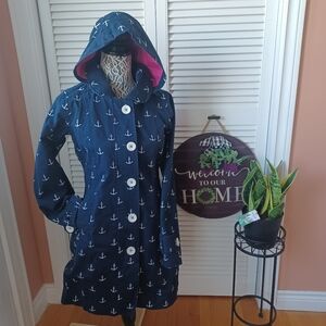 Hatley Nautical Fitted Navy Raincoat Trench Jacket with Anchor Print US 4